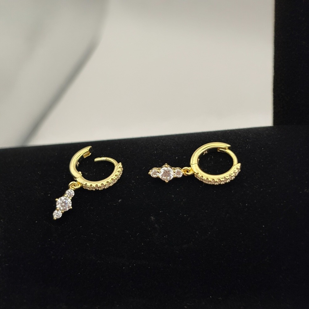 Gold Tone CZ Huggie Hoop Earrings w/Dangle Drop Small Sparkly Everyday Hoops NIB